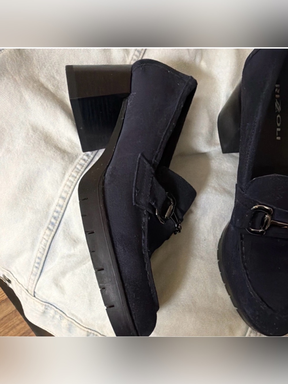 RIZZOLI Navy Suede Horsebit Block Heel Pumps Women's Almond size size 40 USA - Picture 3 of 9